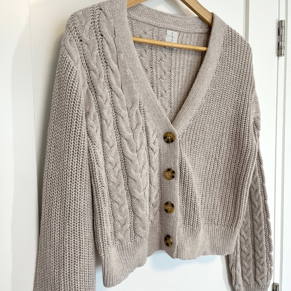 Joie Oatmeal Cable Knit Cotton Blend Button Up Cropped Cardigan - Picture 2 of 9